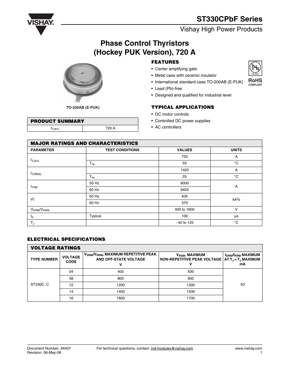 Vishay high power products, Rohs | C&H Technology ST330CPbF Series User Manual | Page 2 / 8