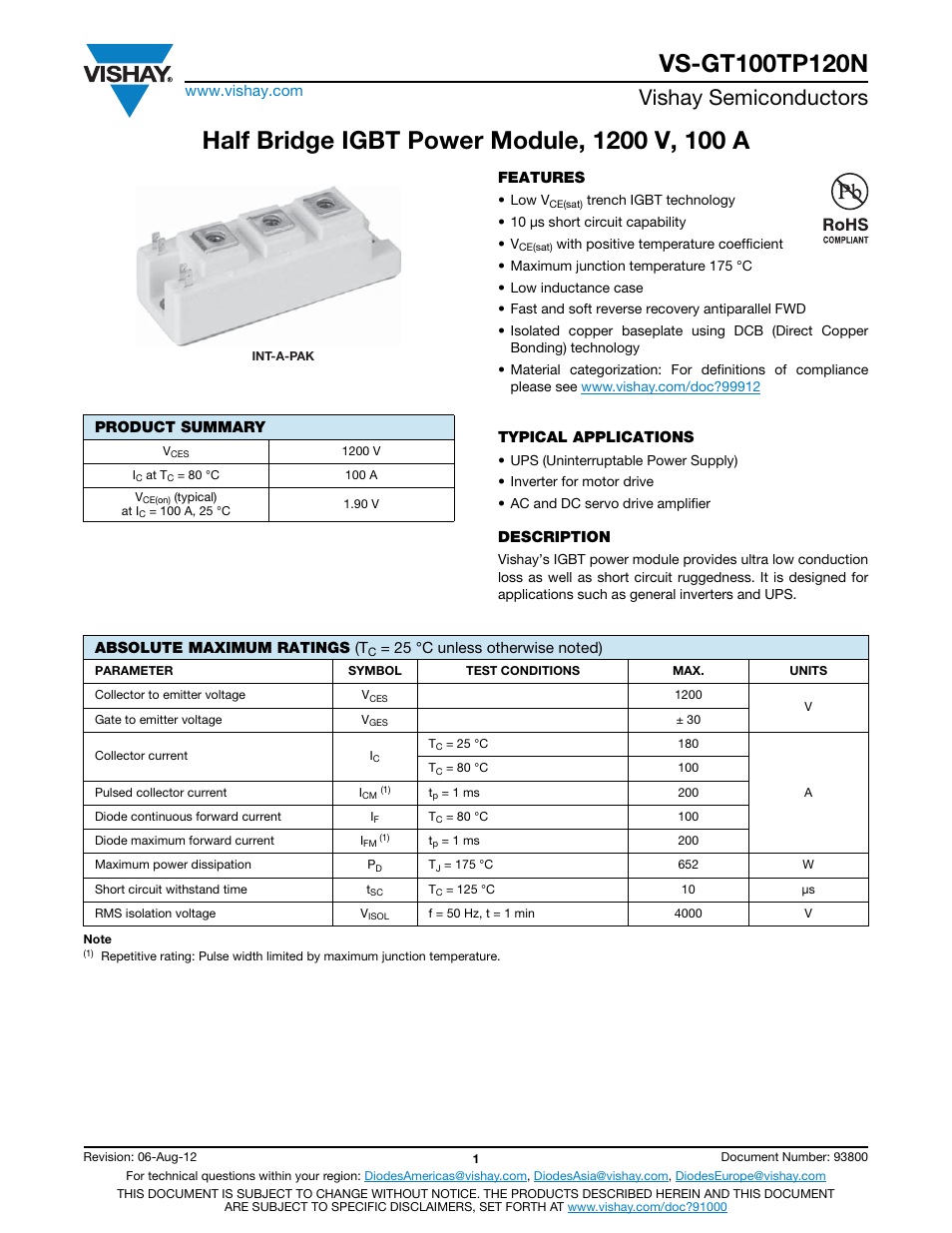 Vishay semiconductors | C&H Technology VS-GT100TP120N User Manual | Page 2 / 8