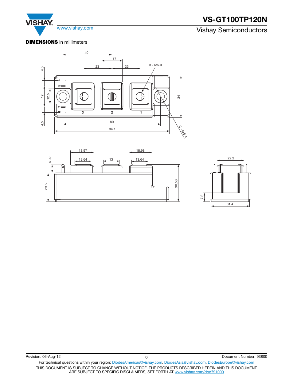 Vishay semiconductors, Dimensions in millimeters | C&H Technology VS-GT100TP120N User Manual | Page 7 / 8