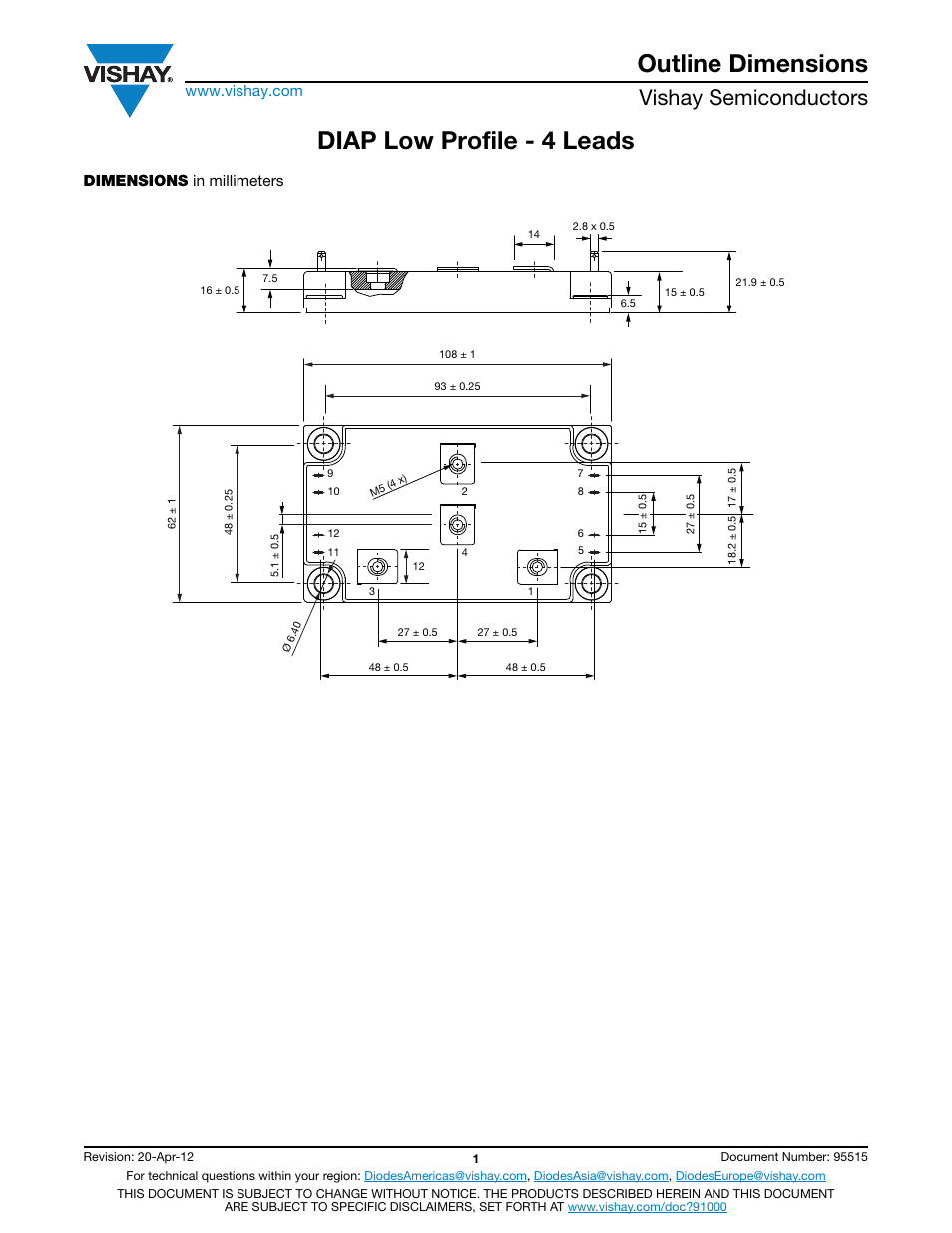 Outline dimensions, Diap low profile - 4 leads, Vishay semiconductors | Dimensions in millimeters | C&H Technology VS-GT300FD060N User Manual | Page 10 / 11