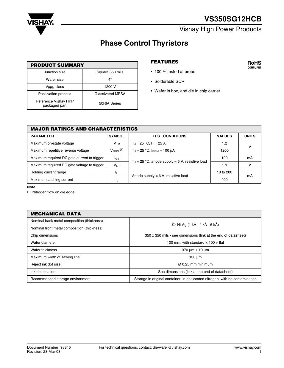 Vishay high power products, Rohs | C&H Technology VS350SG12HCB User Manual | Page 2 / 3