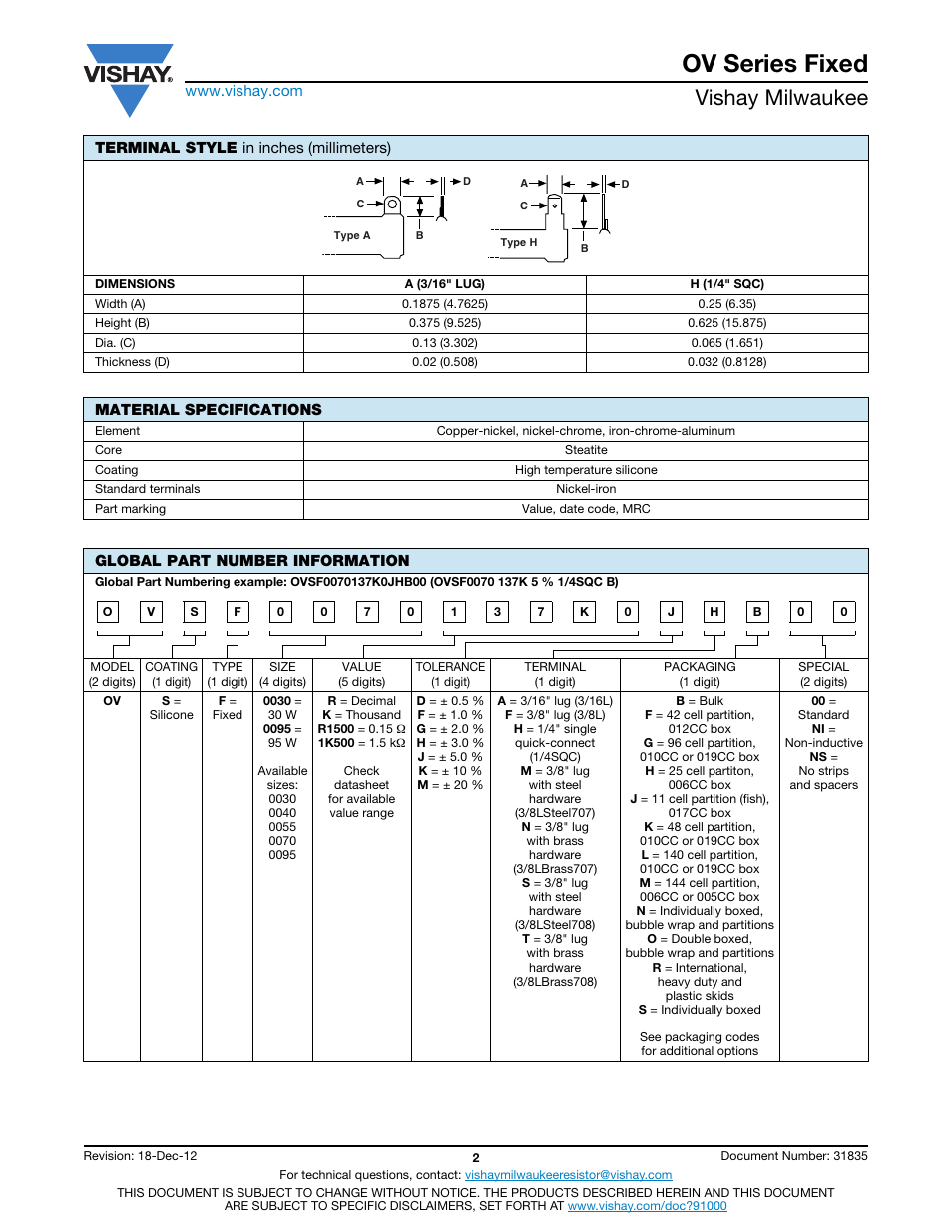 Ov series fixed, Vishay milwaukee | C&H Technology OV Series Fixed User Manual | Page 3 / 4