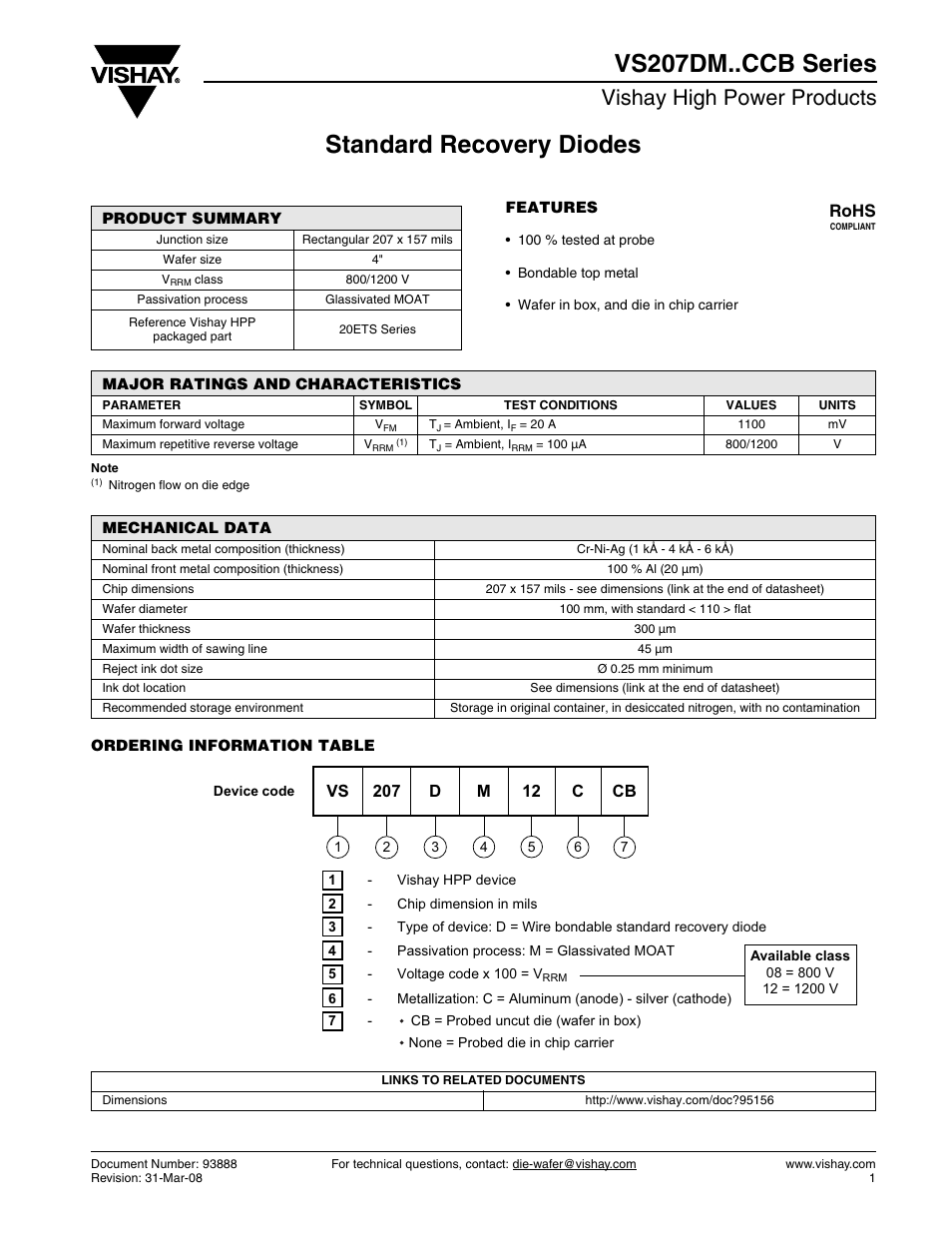 Standard recovery diodes vs207dm..ccb series, Vishay high power products, Rohs | C&H Technology VS207DM..CCB Series User Manual | Page 2 / 2
