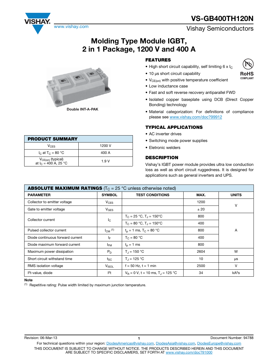 Vishay semiconductors | C&H Technology VS-GB400TH120N User Manual | Page 2 / 8