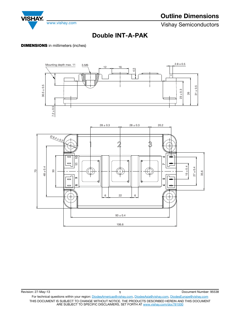 Outline dimensions, Double int-a-pak, Vishay semiconductors | Dimensions in millimeters (inches) | C&H Technology VS-GB400TH120N User Manual | Page 7 / 8