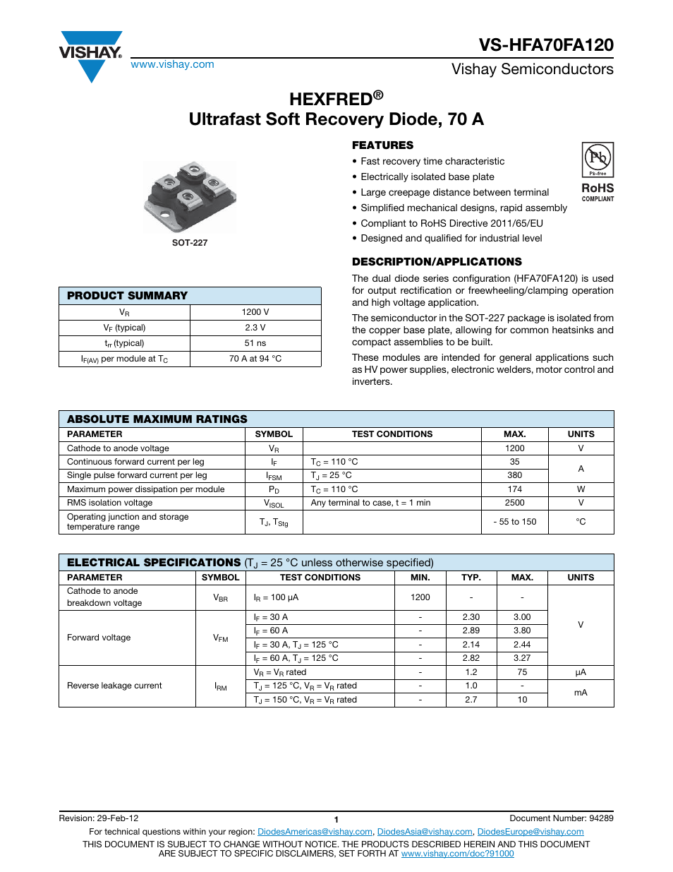 Hexfred, Ultrafast soft recovery diode, 70 a, Vishay semiconductors | C&H Technology VS-HFA70FA120 User Manual | Page 2 / 7