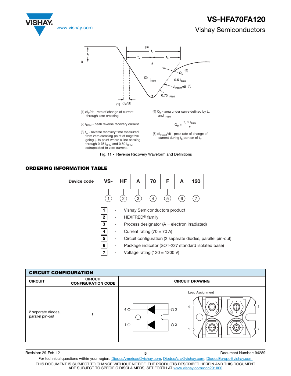 Vishay semiconductors, Ordering information table circuit configuration | C&H Technology VS-HFA70FA120 User Manual | Page 6 / 7