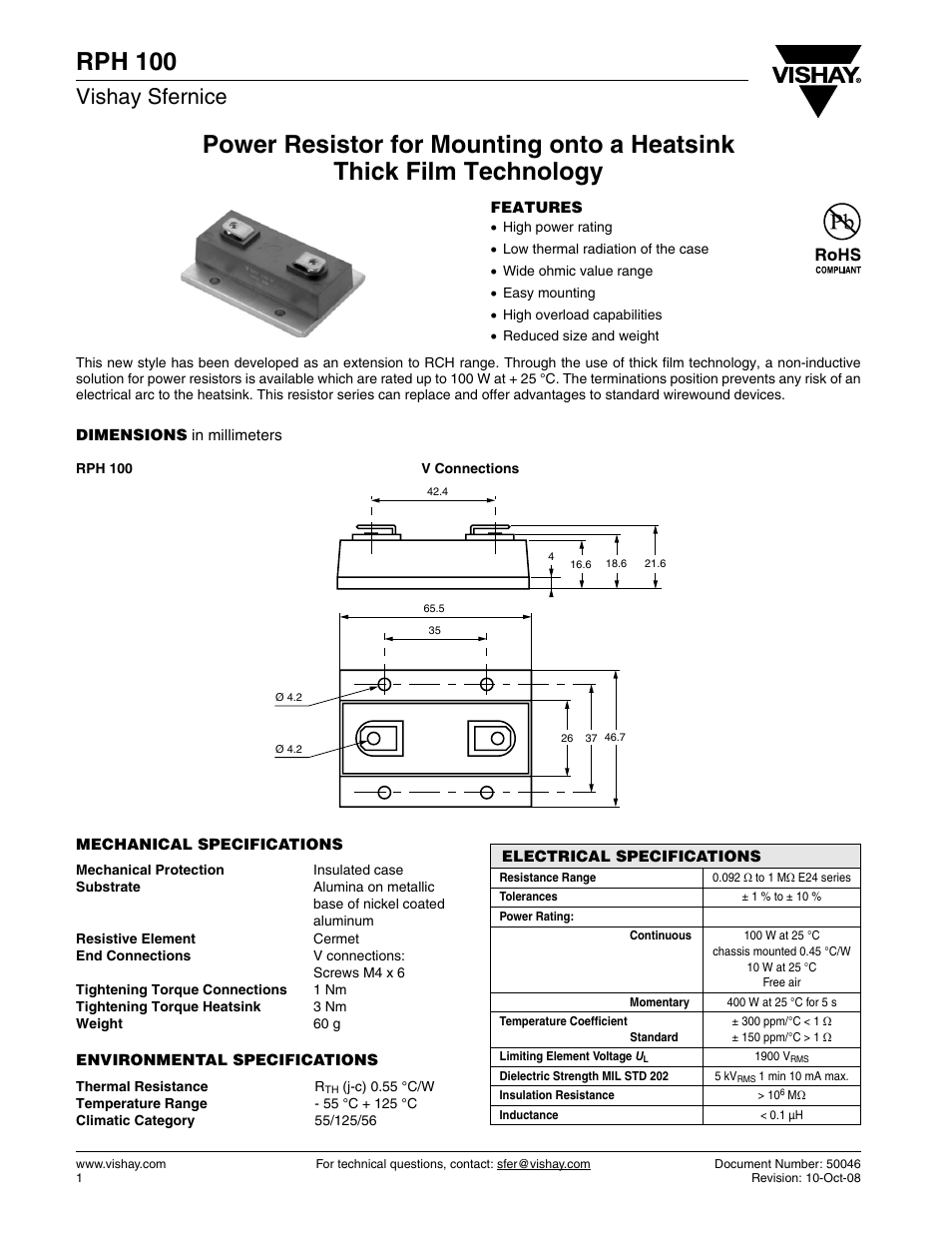 Datasheet, Rph 100, Vishay sfernice | C&H Technology RPH100 User Manual | Page 2 / 6