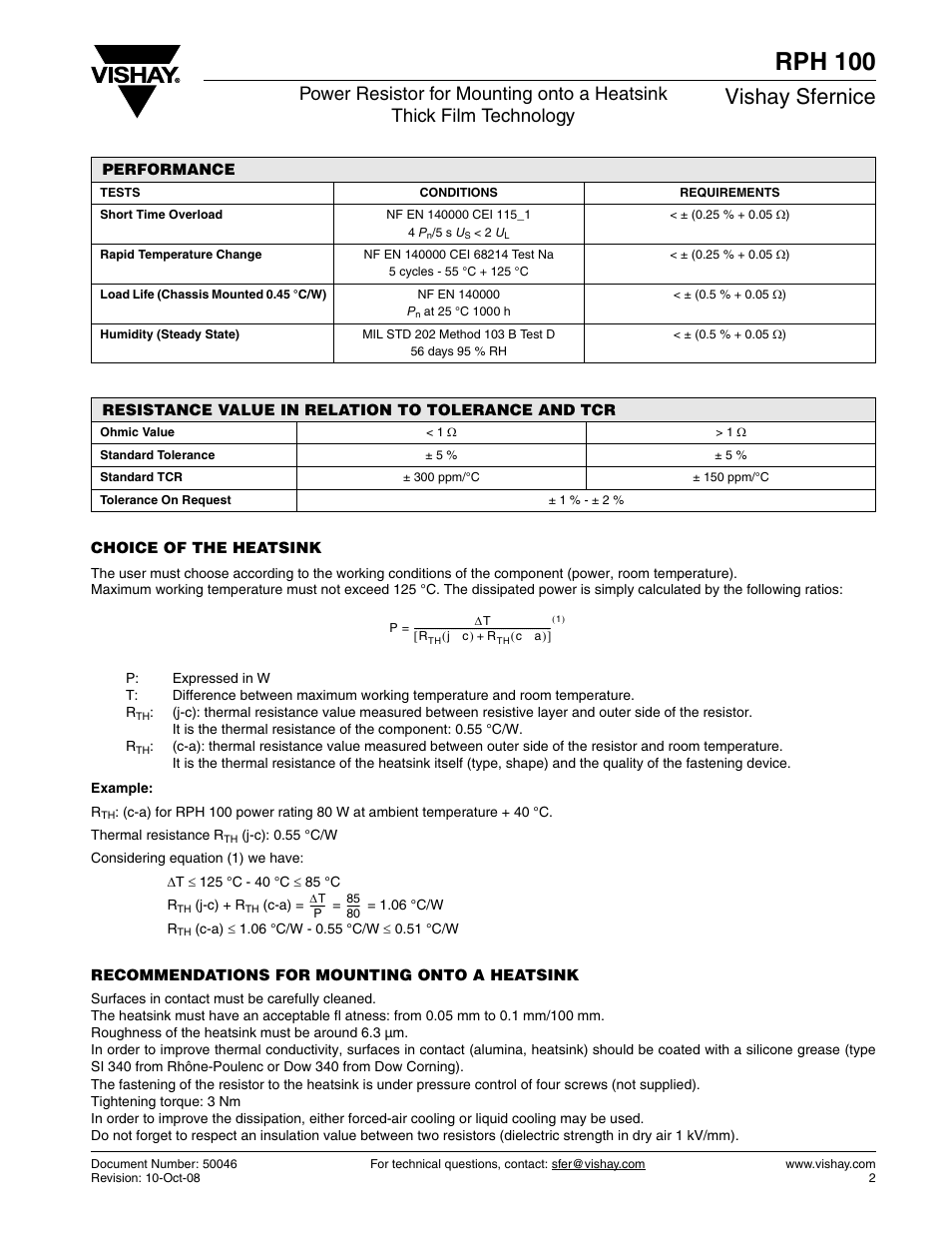 Rph 100, Vishay sfernice | C&H Technology RPH100 User Manual | Page 3 / 6