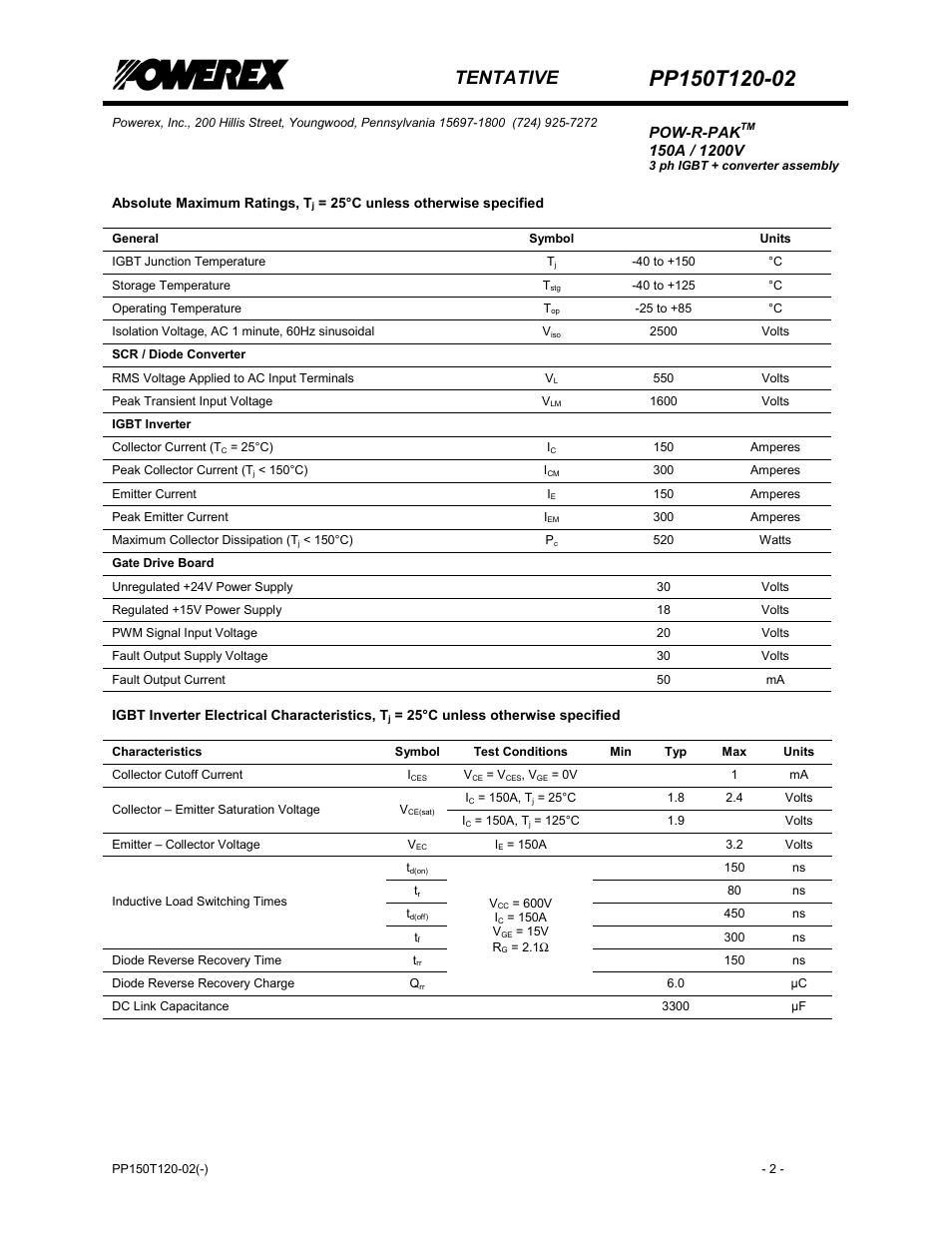 Scr / diode converter, Igbt inverter, Gate drive board | Tentative, Pow-r-pak | C&H Technology PP150T120-02 User Manual | Page 3 / 8