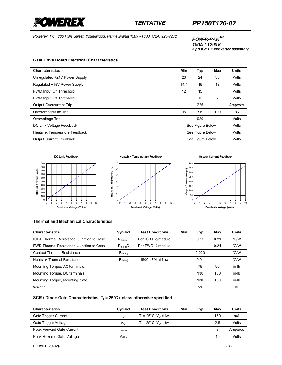 Tentative, Pow-r-pak, Gate drive board electrical characteristics | Thermal and mechanical characteristics, Scr / diode gate characteristics, t, 25°c unless otherwise specified | C&H Technology PP150T120-02 User Manual | Page 4 / 8