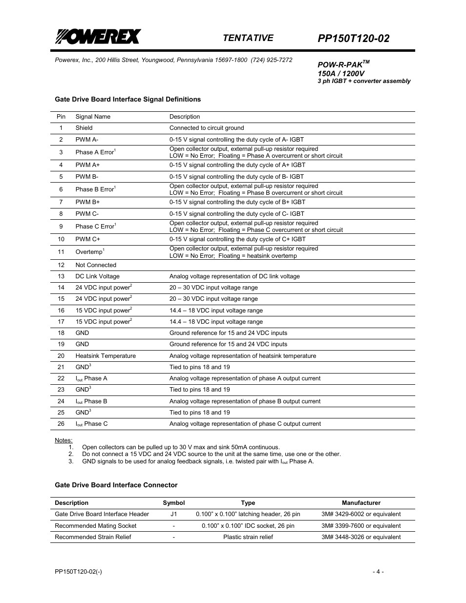 Gate drive board interface signal definitions, Tentative | C&H Technology PP150T120-02 User Manual | Page 5 / 8