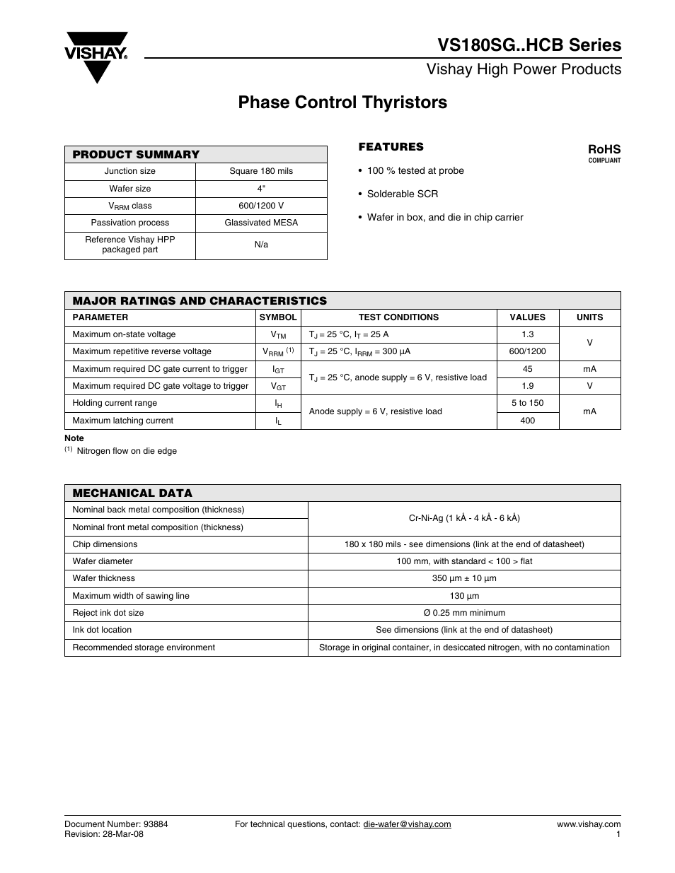 Phase control thyristors vs180sg..hcb series, Vishay high power products, Rohs | C&H Technology VS180SG..HCB Series User Manual | Page 2 / 3