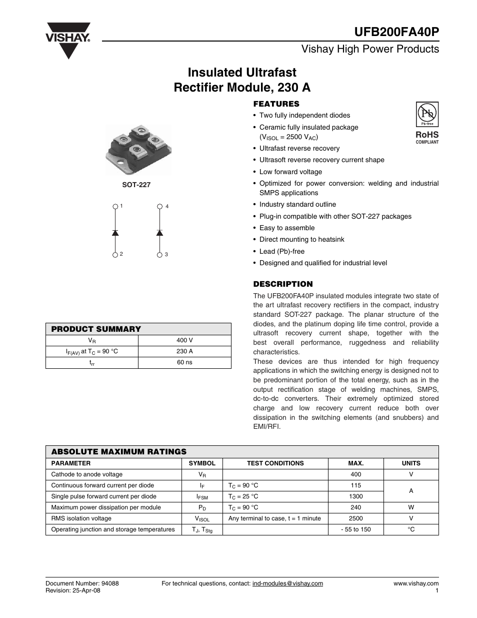 Datasheet, Vishay high power products, Rohs | C&H Technology UFB200FA40P User Manual | Page 2 / 8