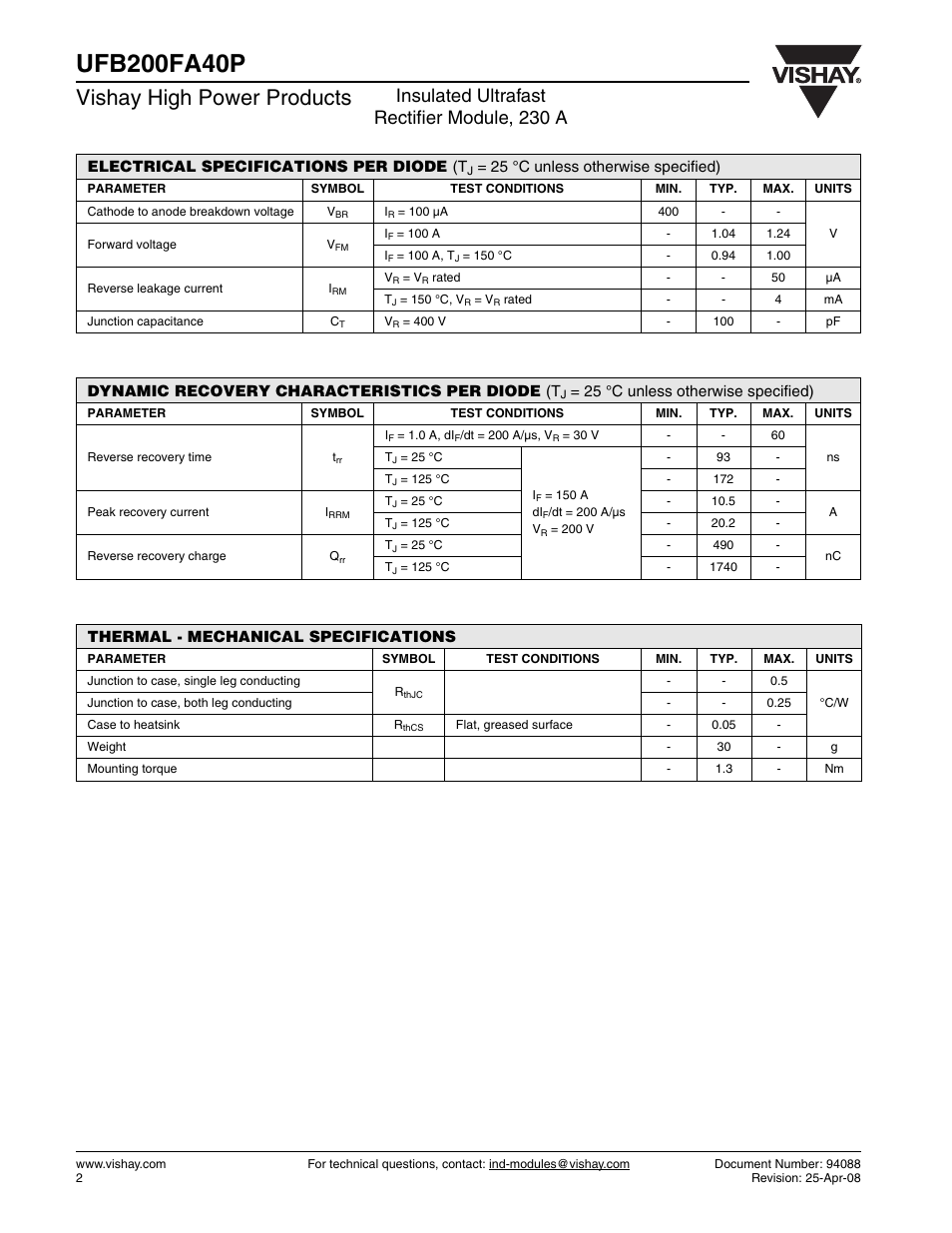 Vishay high power products, Insulated ultrafast rectifier module, 230 a | C&H Technology UFB200FA40P User Manual | Page 3 / 8