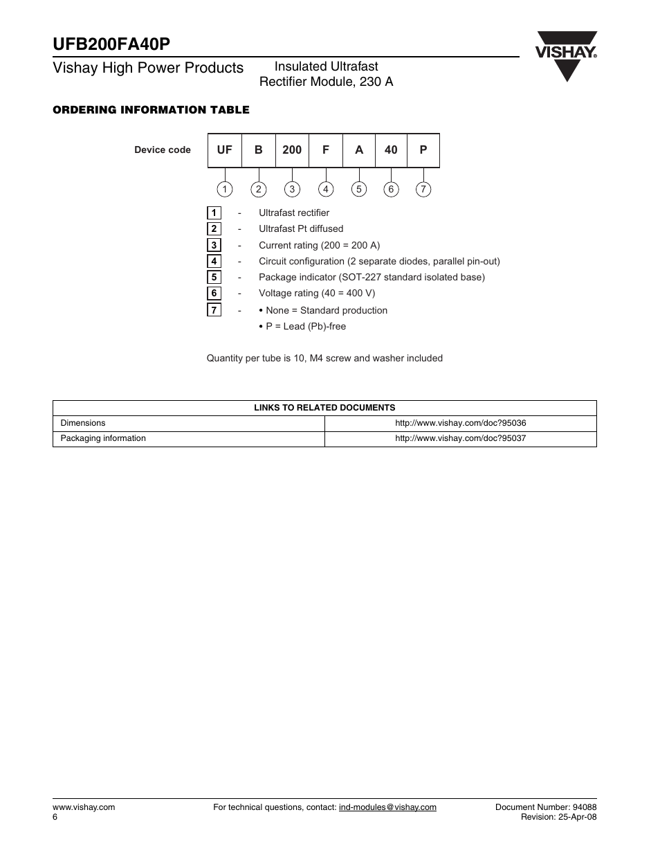 Vishay high power products, Insulated ultrafast rectifier module, 230 a | C&H Technology UFB200FA40P User Manual | Page 7 / 8