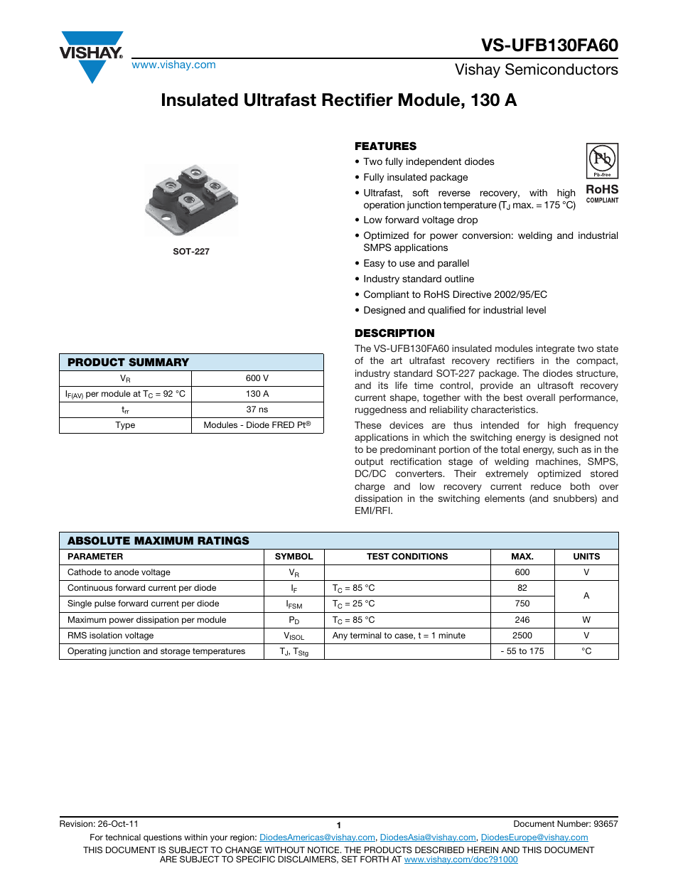 Insulated ultrafast rectifier module, 130 a, Vishay semiconductors | C&H Technology VS-UFB130FA60 User Manual | Page 2 / 8