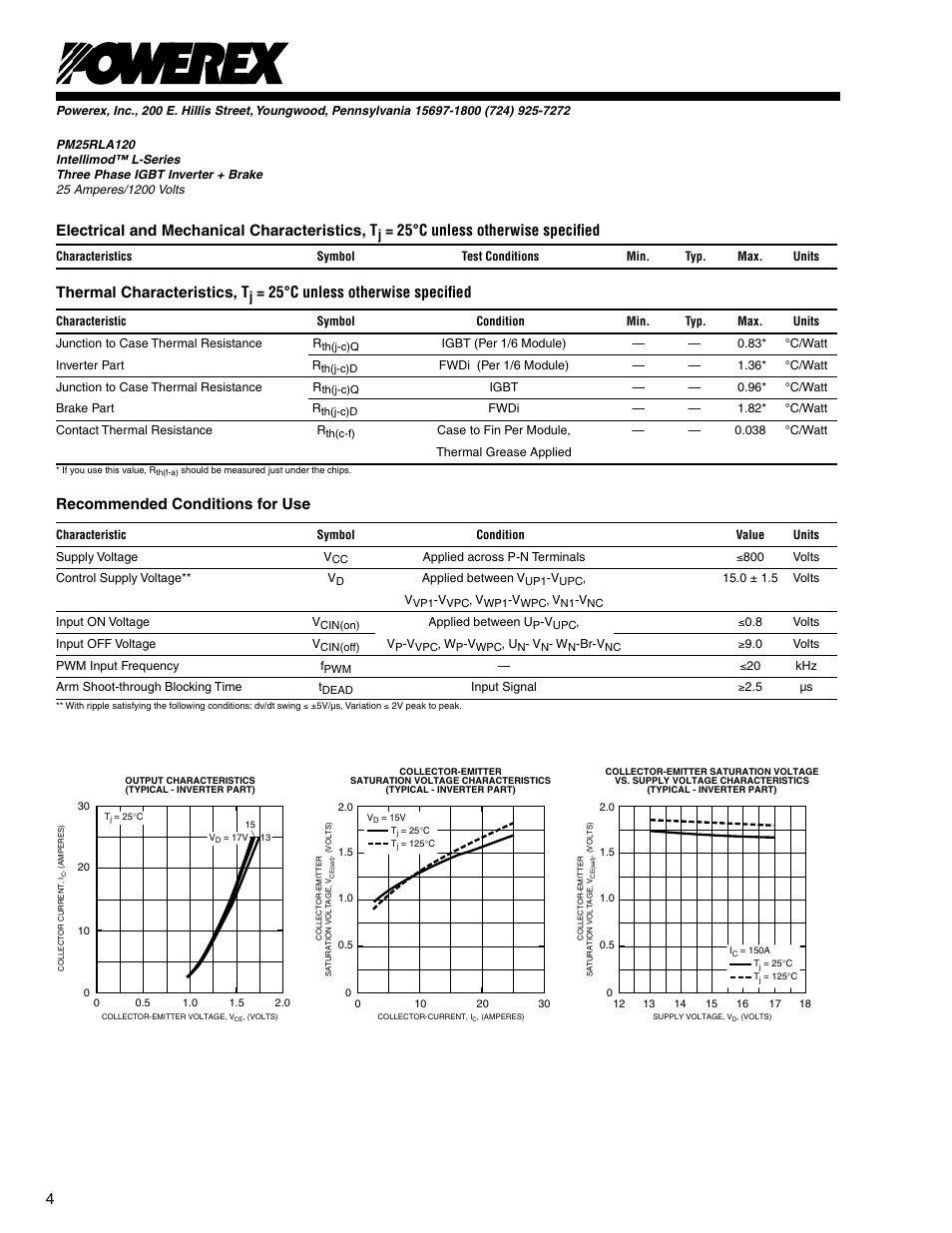 Electrical and mechanical characteristics, t, 25°c unless otherwise speciﬁed, Thermal characteristics, t | Recommended conditions for use | C&H Technology PM25RLA120 User Manual | Page 5 / 7
