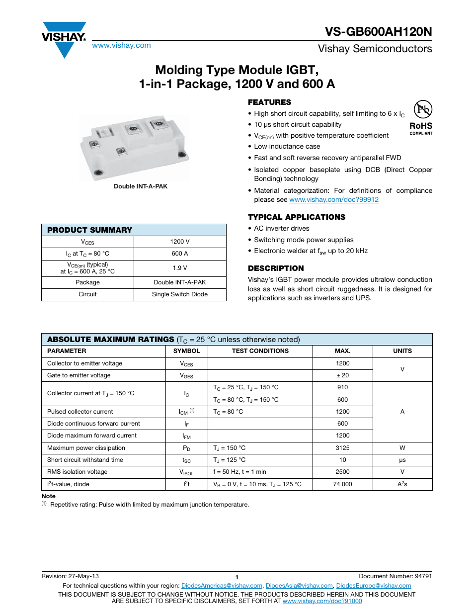 Vishay semiconductors | C&H Technology VS-GB600AH120N User Manual | Page 2 / 7