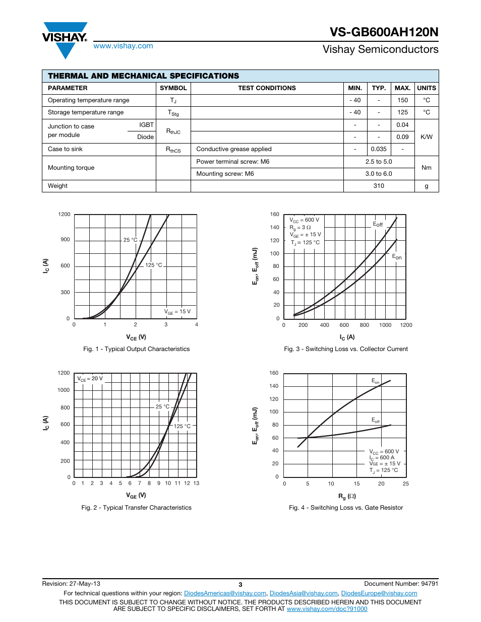 Vishay semiconductors, Thermal and mechanical specifications | C&H Technology VS-GB600AH120N User Manual | Page 4 / 7