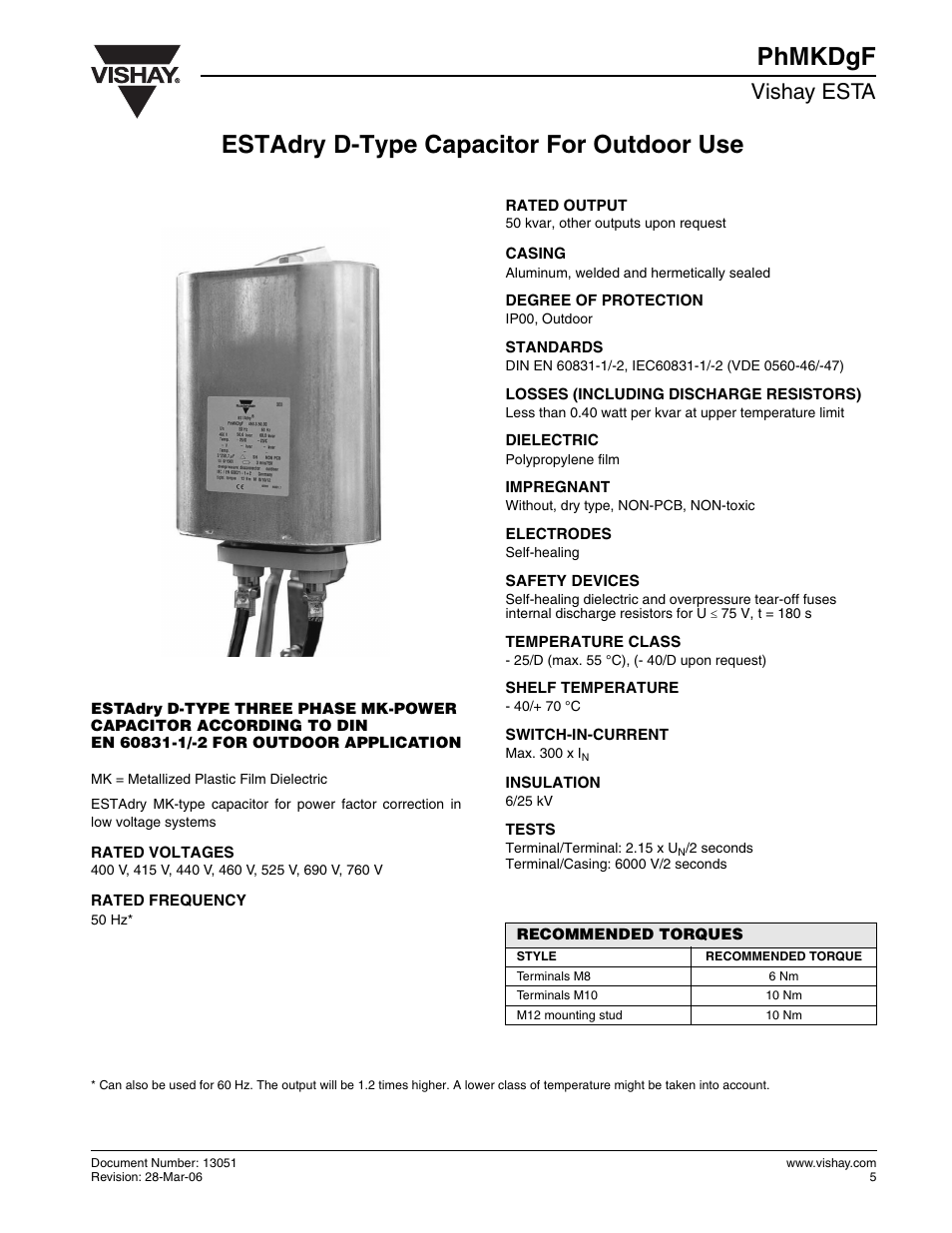 Phmkdgf, Estadry d-type capacitor for outdoor use, Vishay esta | C&H Technology PhMKDgF User Manual | Page 2 / 3