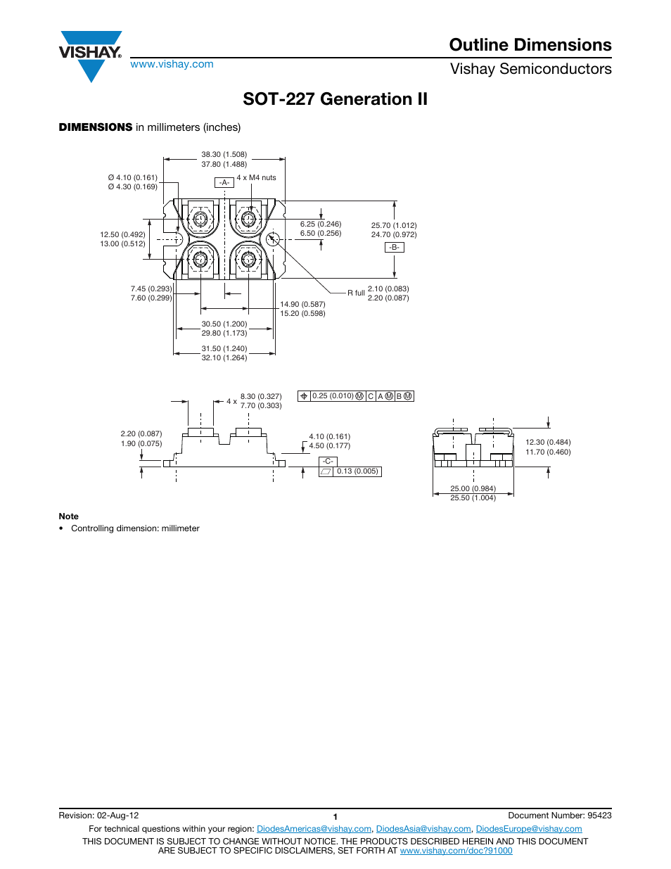 Outline dimensions, Sot-227 generation ii, Vishay semiconductors | Dimensions in millimeters (inches) | C&H Technology VS-UFB280FA40 User Manual | Page 8 / 9