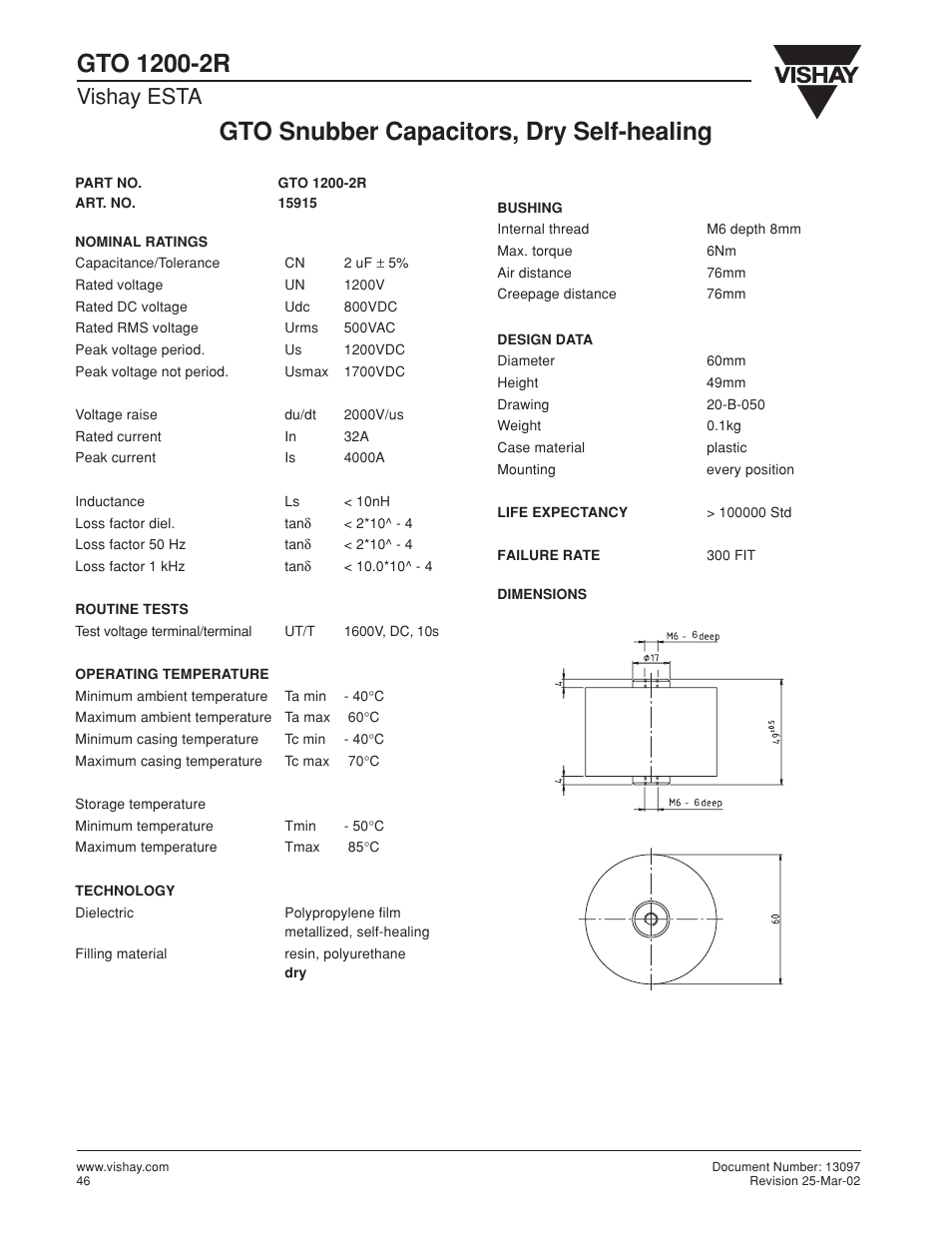Gto snubber capacitors, dry self-healing, Vishay esta | C&H Technology GTO 1200-2R User Manual | Page 2 / 2