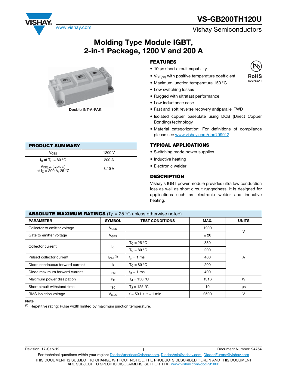 Vishay semiconductors | C&H Technology VS-GB200TH120U User Manual | Page 2 / 7