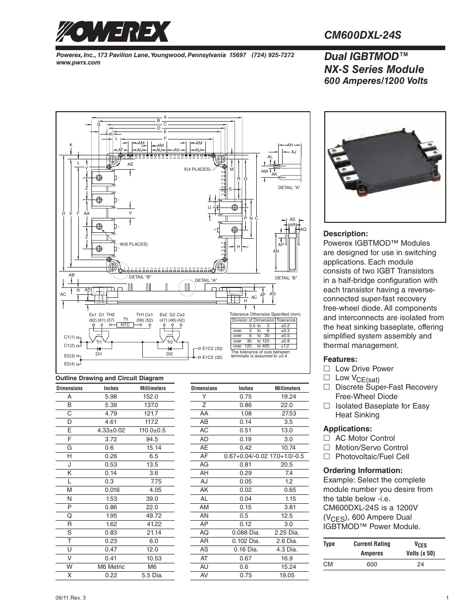 Dual igbtmod™ nx-s series module, Features: £ low drive power £ low v, 600 ampere dual igbtmod™ power module | Ce(sat) | C&H Technology CM600DXL-24S User Manual | Page 2 / 7