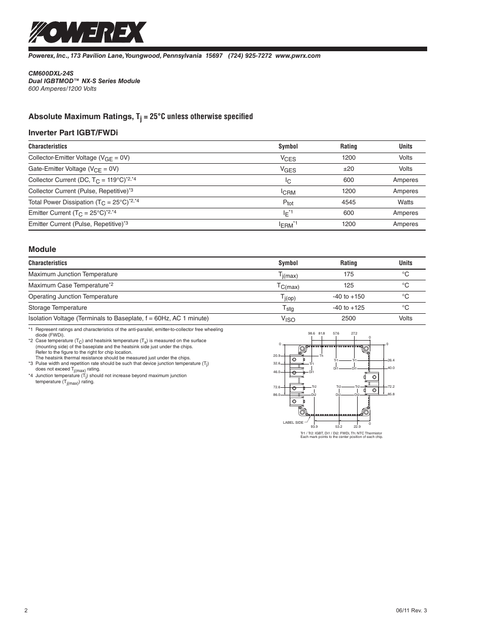 Absolute maximum ratings, t, Module | C&H Technology CM600DXL-24S User Manual | Page 3 / 7