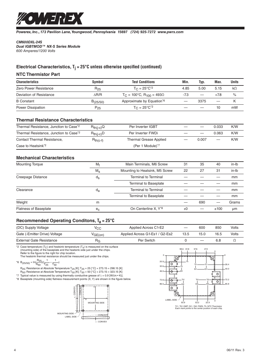 Electrical characteristics, t, Thermal resistance characteristics, Mechanical characteristics | Recommended operating conditons, t, 25°c | C&H Technology CM600DXL-24S User Manual | Page 5 / 7