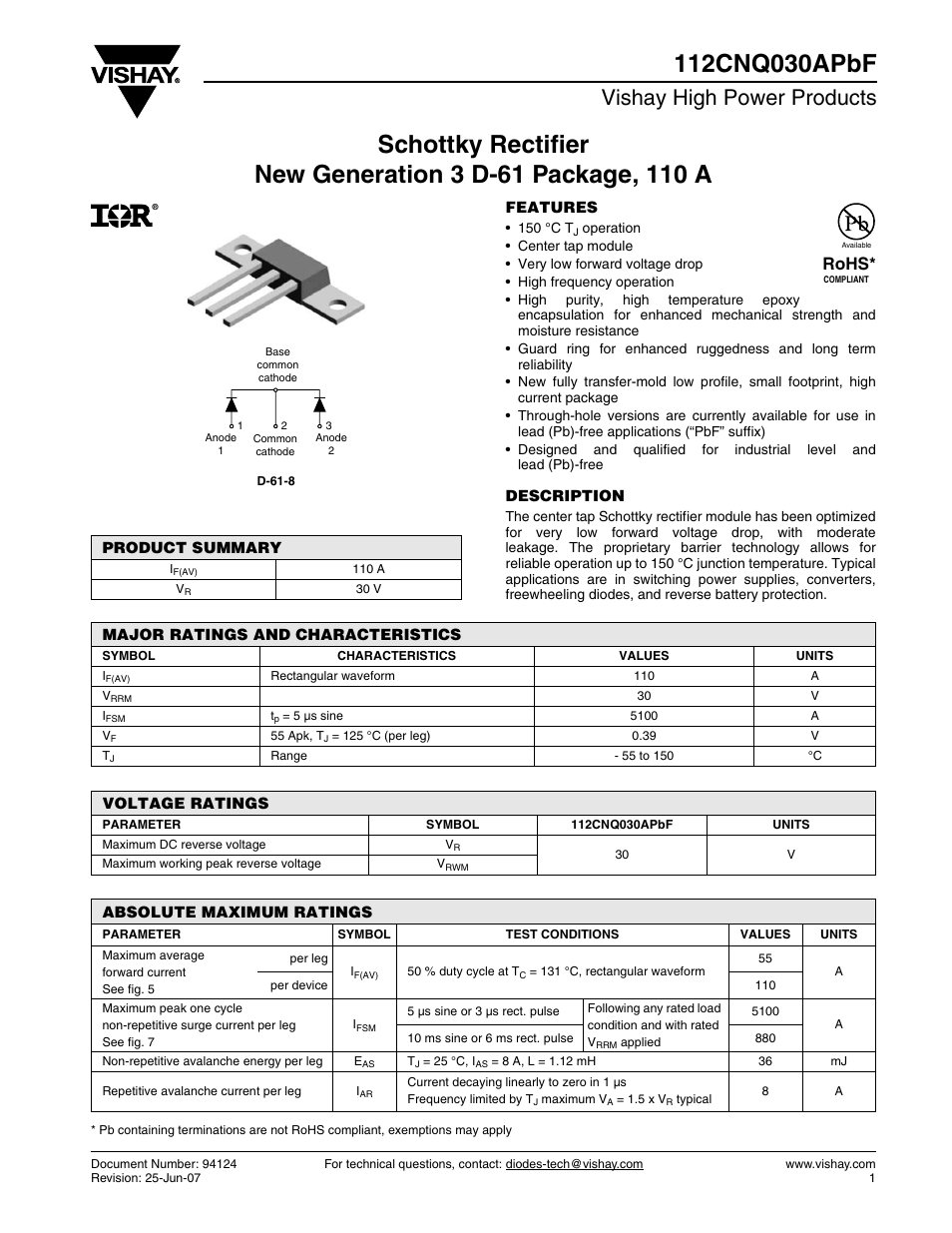Datasheet, Vishay high power products, Rohs | C&H Technology 112CNQ030APbF User Manual | Page 2 / 7