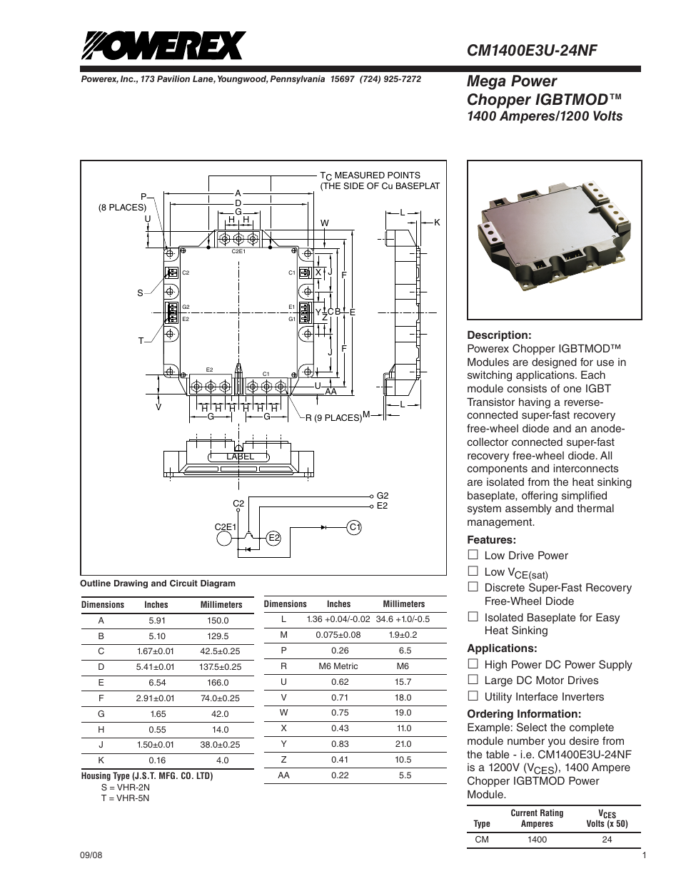 Mega power chopper igbtmod | C&H Technology CM1400E3U-24NF User Manual | Page 2 / 6