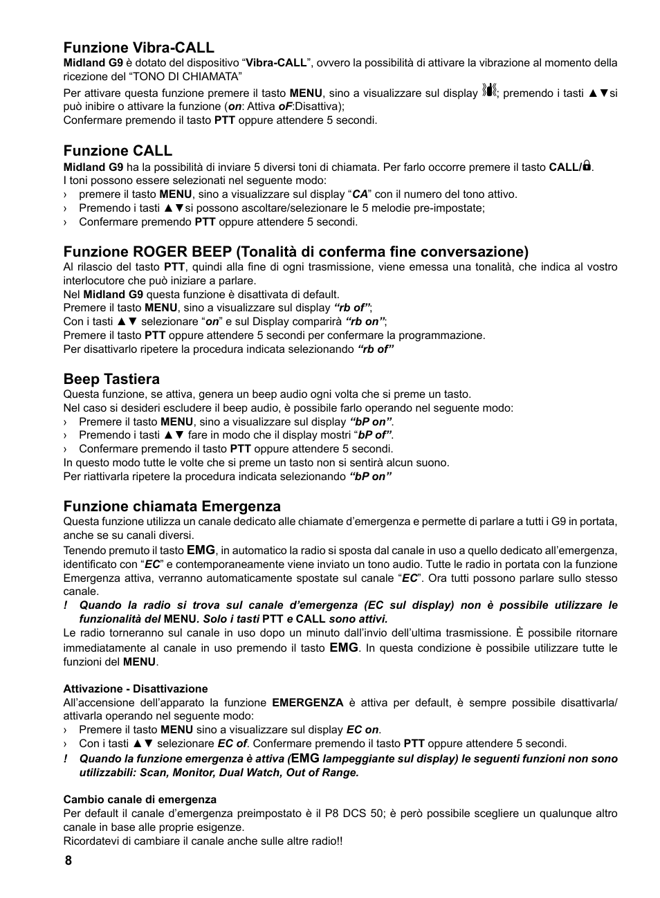 Funzione vibra-call, Funzione call, Beep tastiera | Funzione chiamata emergenza | MIDLAND G9 User Manual | Page 10 / 94