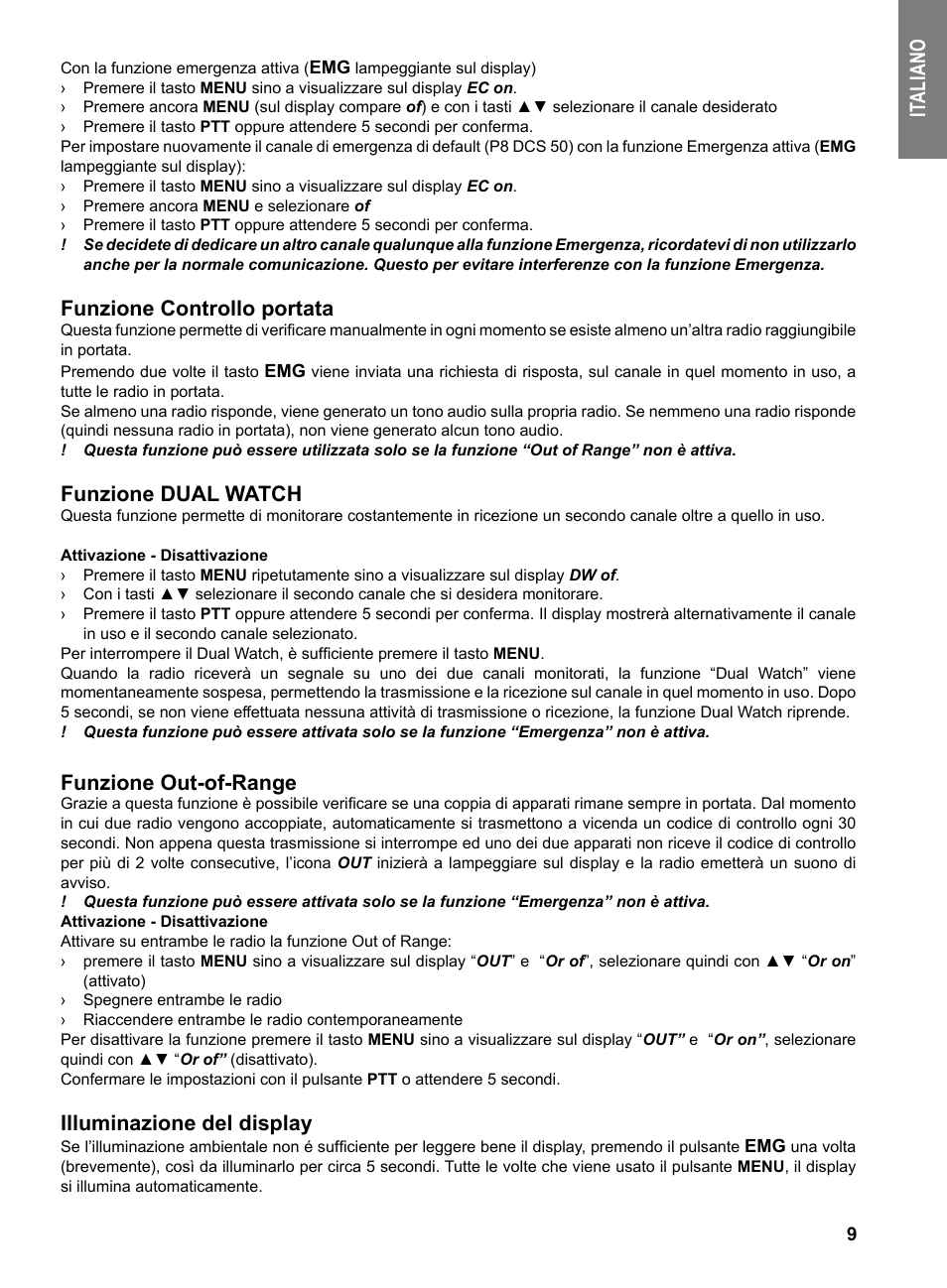 Ita li an o, Funzione controllo portata, Funzione dual watch | Funzione out-of-range, Illuminazione del display | MIDLAND G9 User Manual | Page 11 / 94