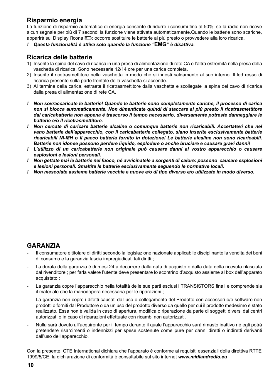 Risparmio energia, Ricarica delle batterie, Garanzia | MIDLAND G9 User Manual | Page 12 / 94