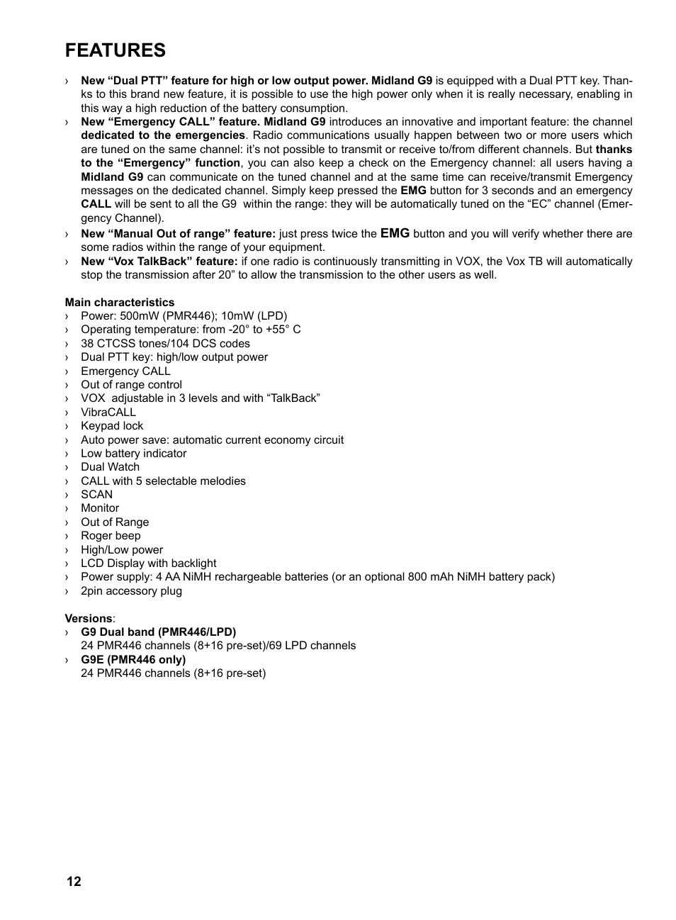 Features | MIDLAND G9 User Manual | Page 14 / 94