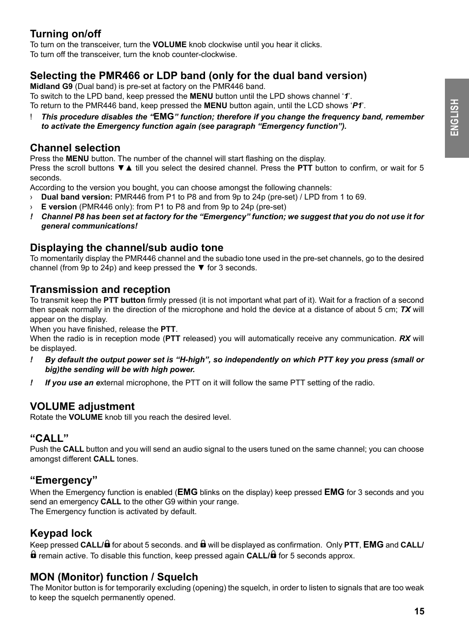 En gl is h turning on/off, Channel selection, Displaying the channel/sub audio tone | Transmission and reception, Volume adjustment, Call, Emergency, Keypad lock, Mon (monitor) function / squelch | MIDLAND G9 User Manual | Page 17 / 94