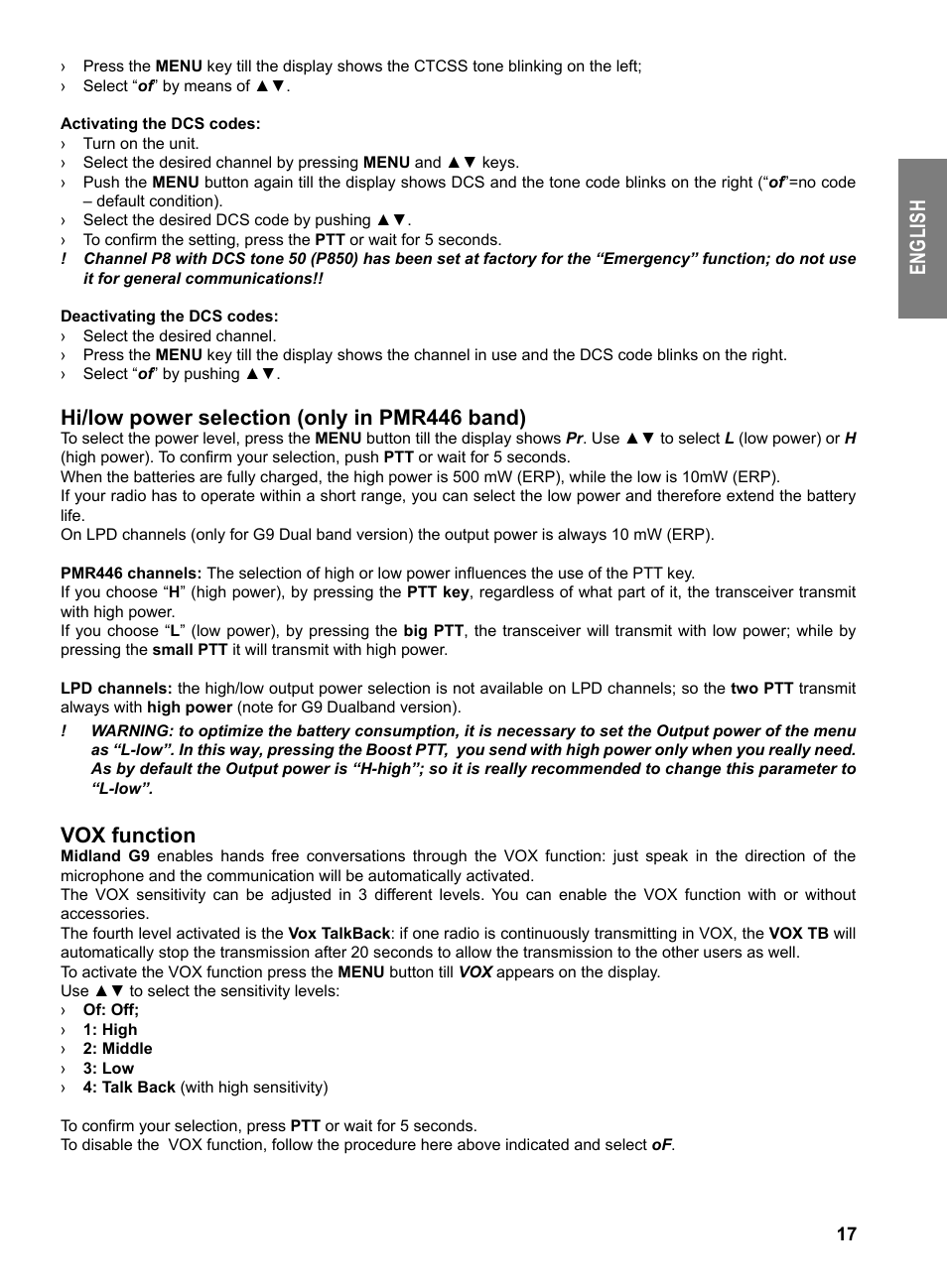 En gl is h, Hi/low power selection (only in pmr446 band), Vox function | MIDLAND G9 User Manual | Page 19 / 94