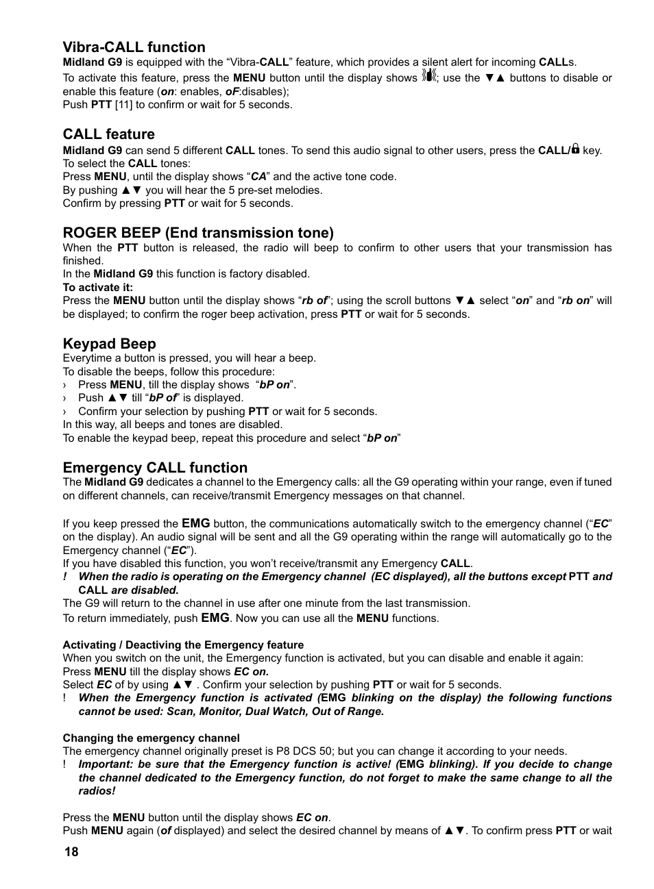Vibra-call function, Call feature, Roger beep (end transmission tone) | Keypad beep, Emergency call function | MIDLAND G9 User Manual | Page 20 / 94