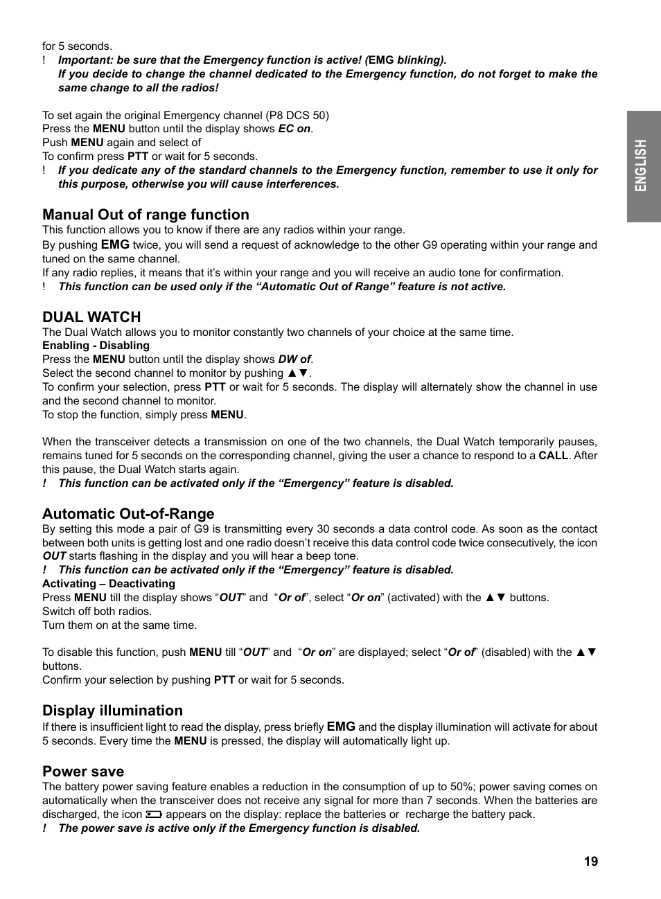 En gl is h, Manual out of range function, Dual watch | Automatic out-of-range, Display illumination, Power save | MIDLAND G9 User Manual | Page 21 / 94