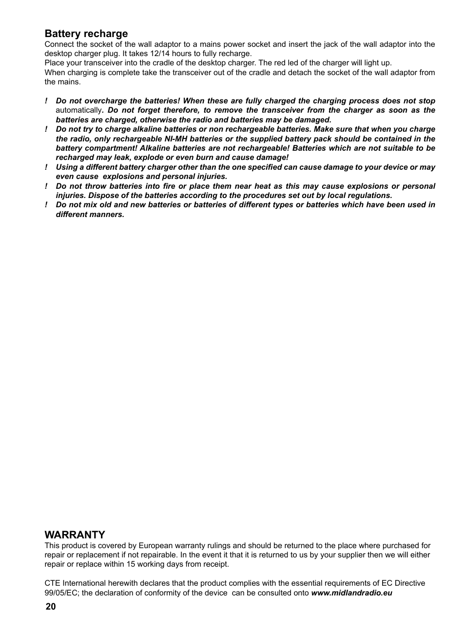 Battery recharge, Warranty | MIDLAND G9 User Manual | Page 22 / 94