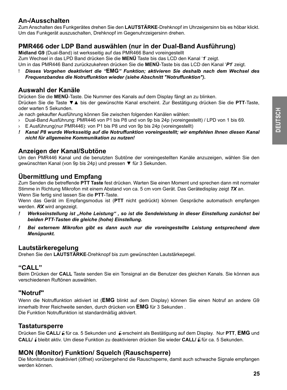 De ut sc h an-/ausschalten, Auswahl der kanäle, Anzeigen der kanal/subtöne | Übermittlung und empfang, Lautstärkeregelung, Call, Notruf, Tastatursperre, Mon (monitor) funktion/ squelch (rauschsperre) | MIDLAND G9 User Manual | Page 27 / 94