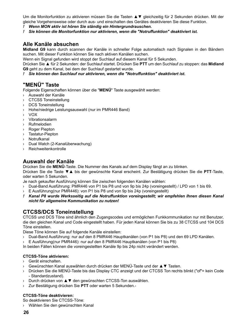 Alle kanäle absuchen, Menü" taste, Auswahl der kanäle | Ctcss/dcs toneinstellung | MIDLAND G9 User Manual | Page 28 / 94