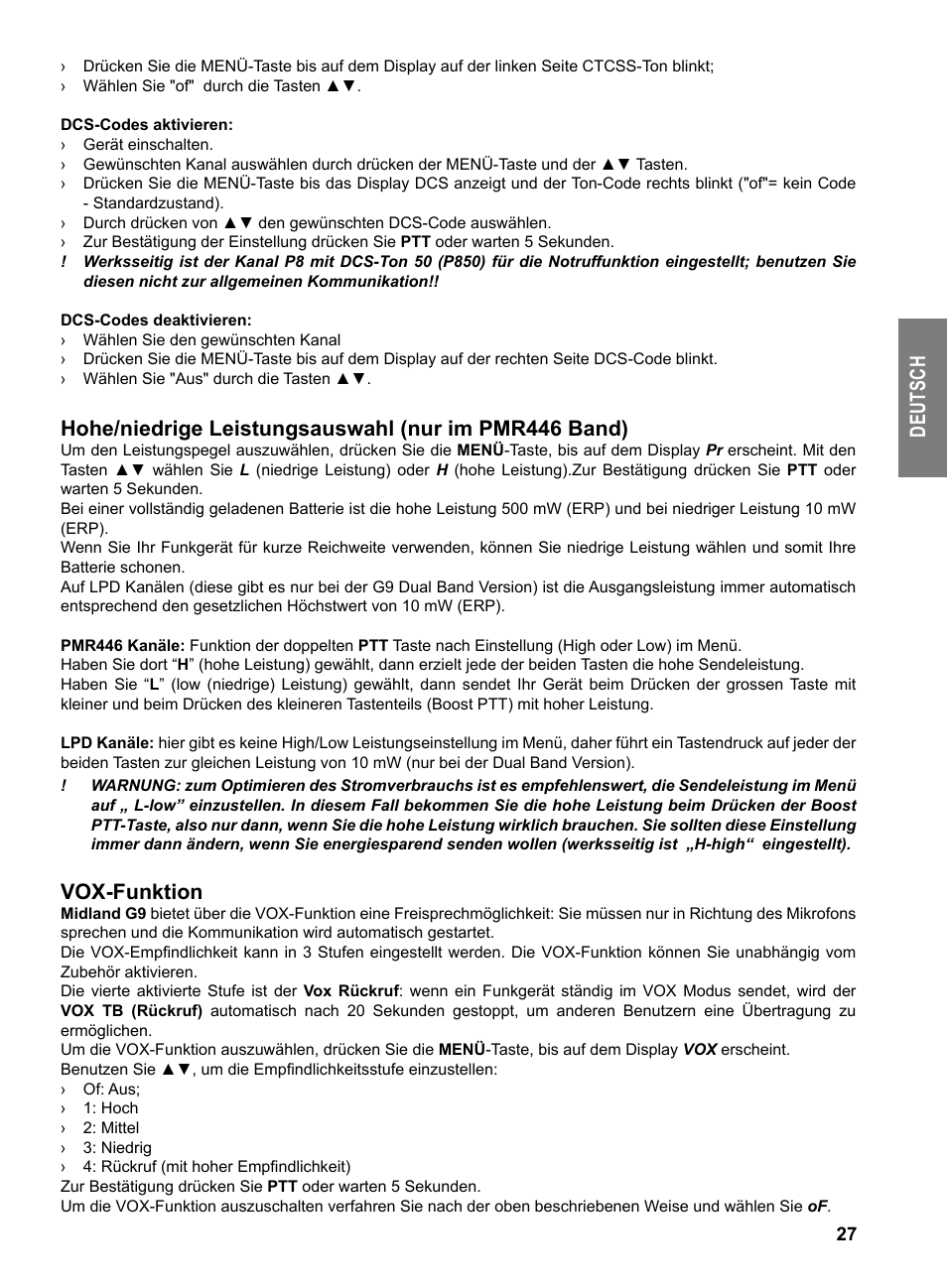 De ut sc h, Vox-funktion | MIDLAND G9 User Manual | Page 29 / 94