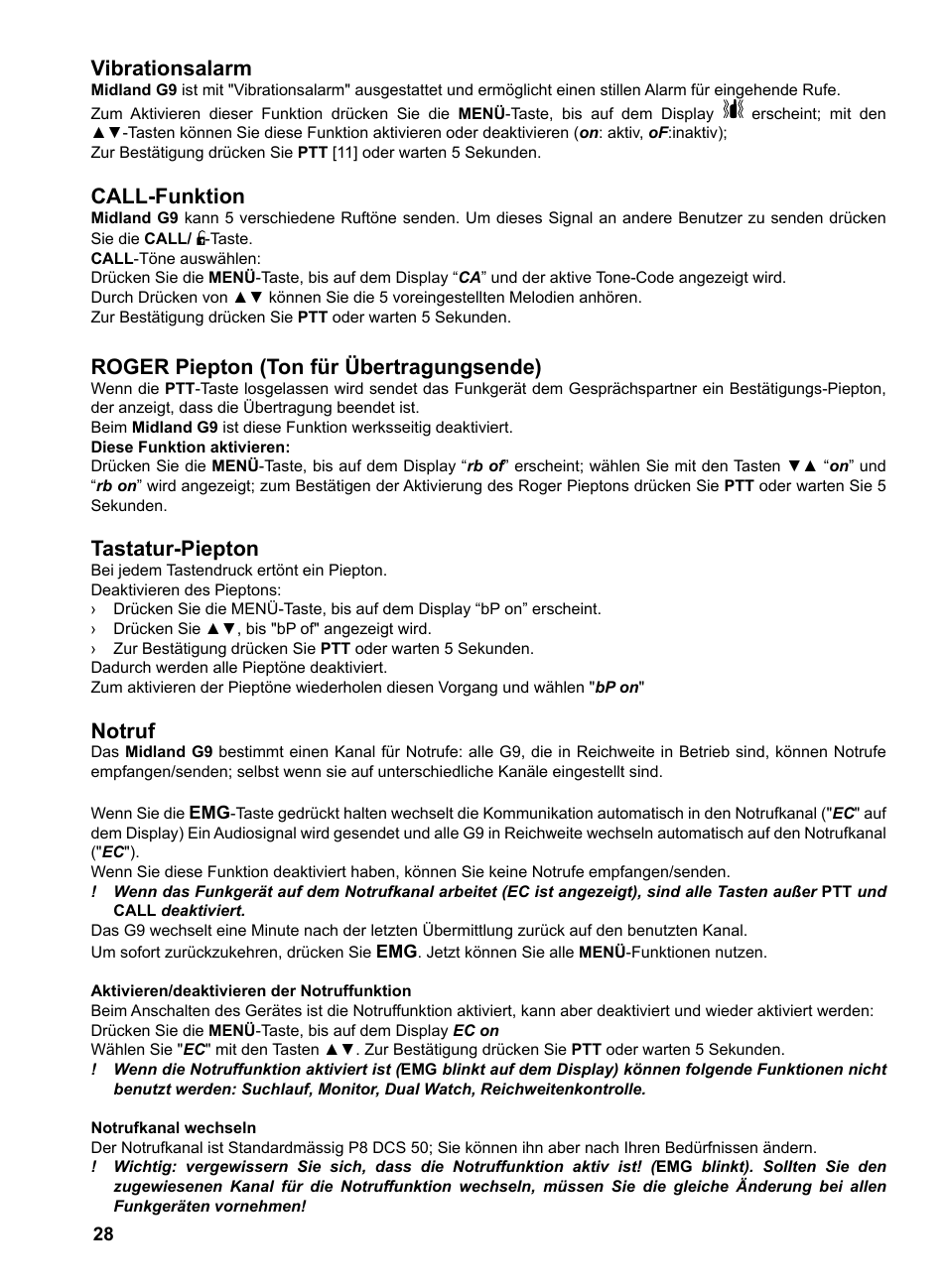 Vibrationsalarm, Call-funktion, Roger piepton (ton für übertragungsende) | Tastatur-piepton, Notruf | MIDLAND G9 User Manual | Page 30 / 94