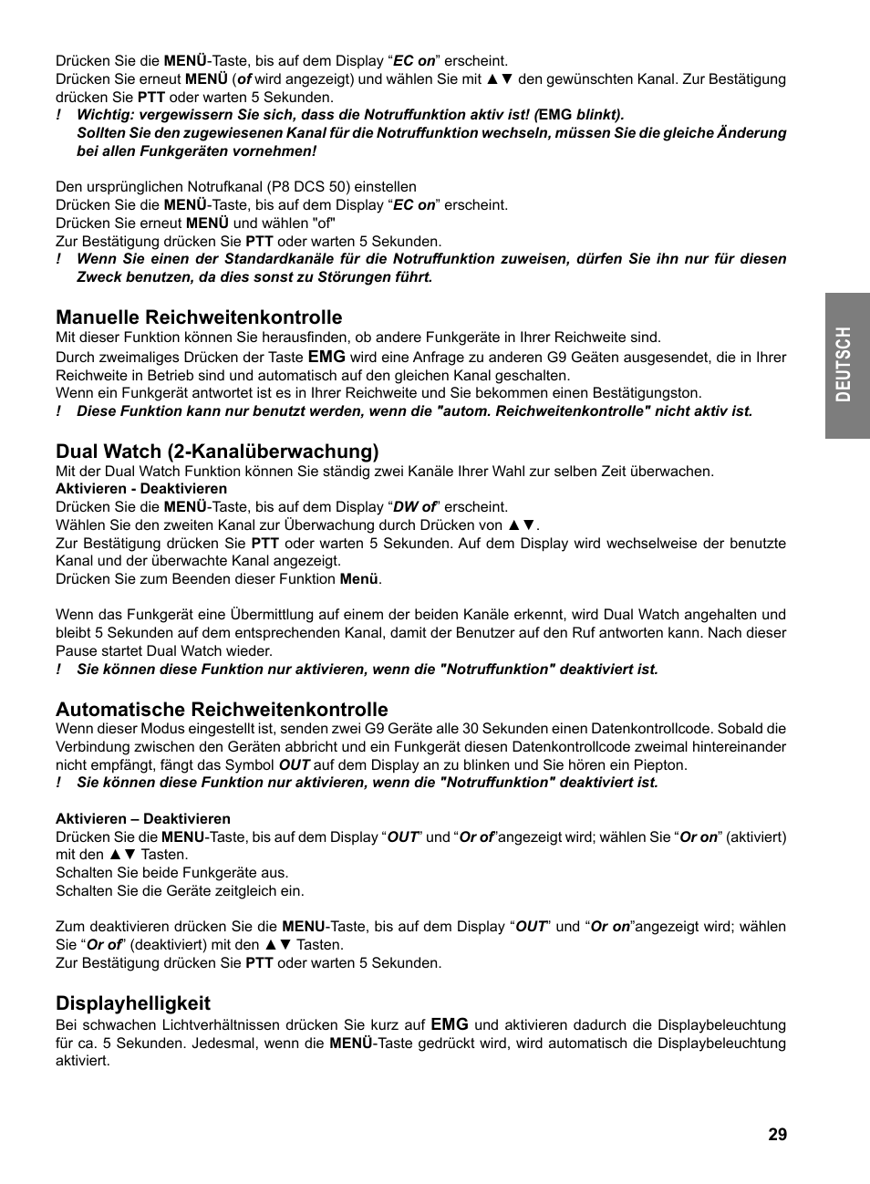 De ut sc h, Manuelle reichweitenkontrolle, Dual watch (2-kanalüberwachung) | Automatische reichweitenkontrolle, Displayhelligkeit | MIDLAND G9 User Manual | Page 31 / 94