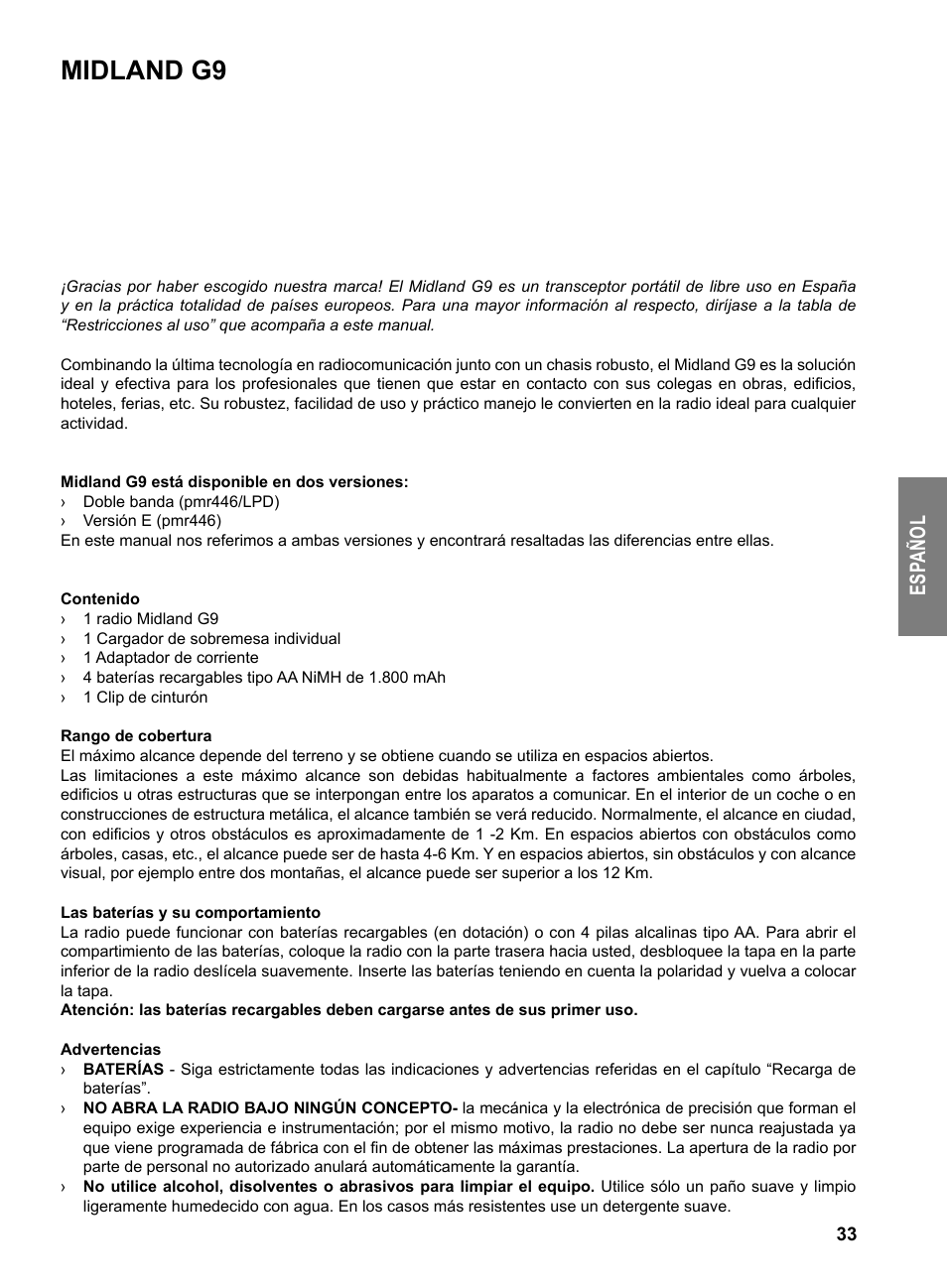 Midland g9, Es pa ño l | MIDLAND G9 User Manual | Page 35 / 94
