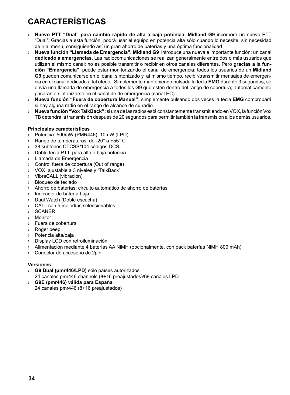 Características | MIDLAND G9 User Manual | Page 36 / 94