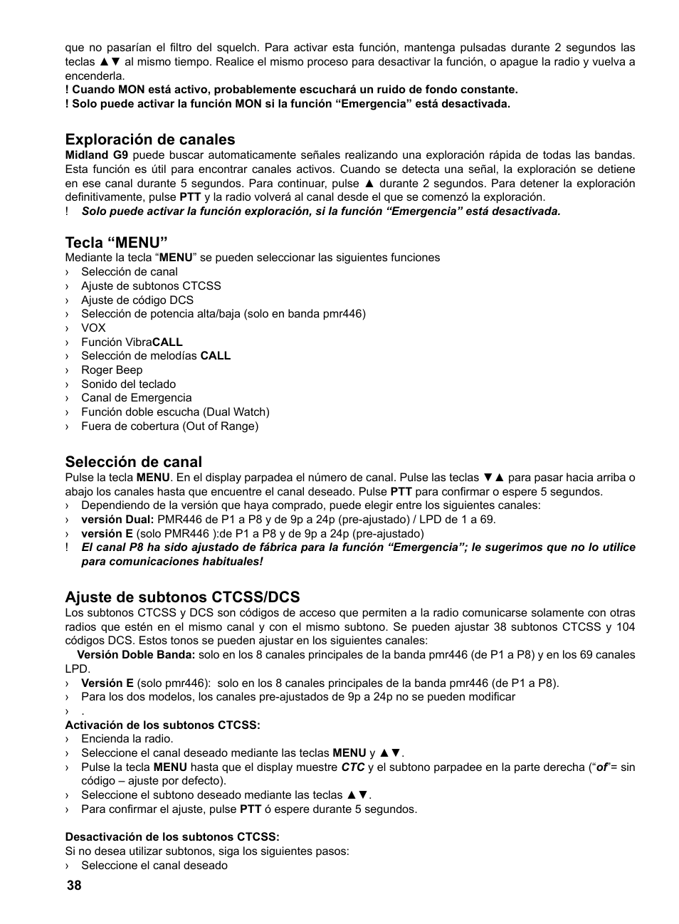 Exploración de canales, Tecla “menu, Selección de canal | Ajuste de subtonos ctcss/dcs | MIDLAND G9 User Manual | Page 40 / 94